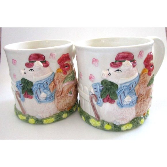 Fitz & Floyd Pig & Chicken Mugs (2) - Fitz & Floyd 1987 Bacon Eggs Pig Chick VTG - Picture 1 of 16